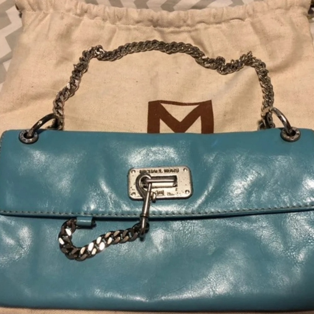 Teal Leather Michael Kors Distressed Chain Clutch